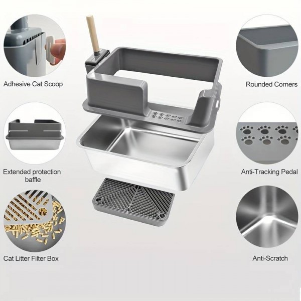 Rubeku Litter Box w/Side Entry Stainless (Stairway+Scoop)