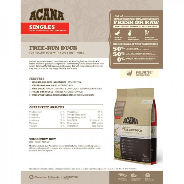 Acana Dog Dry Food Singles Free-Run Duck Recipe 11.4kg