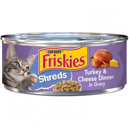 Friskies Savory Shreds Turkey & Cheese Dinner in Gravy Canned Cat Food 156g Carton (24 Cans) - Contains Pork