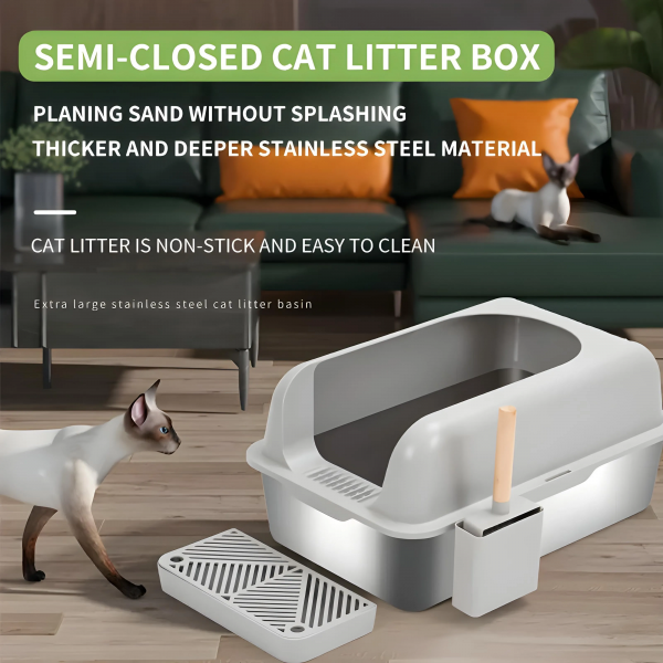 Rubeku Cat Litter Box w/Front Entry Stainless (Stairway+Scoop)