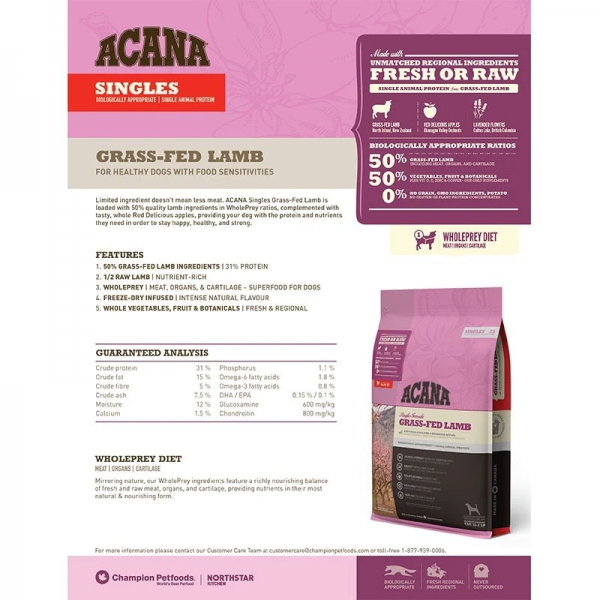 Acana Dog Dry Food Singles Grass-Fed Lamb Recipe 2kg