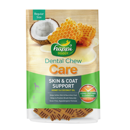 Happi Doggy Dental Chew Care Skin & Coat Support Honey & Coconut Oil Dogs Treats (4 Inch) 150g x2