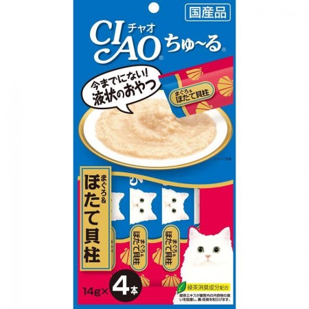 Ciao Chu ru White Meat Tuna and Scallop with Added Vitamin and Green Tea Extract 14g x 4pcs (4 Packs)