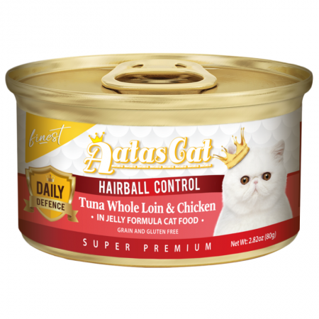 Aatas Cat Finest Daily Defence Hairball Control Tuna Whole Loin & Chicken in Jelly Canned Food 80g
