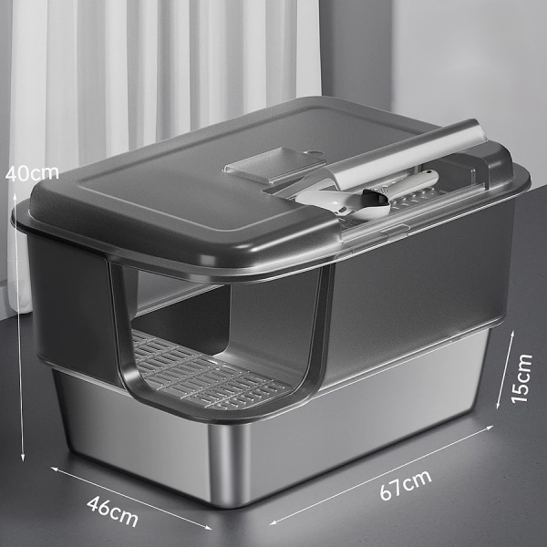 Rubeku Cat Litter Pan Easy-Clean Stainless Steel Box Black