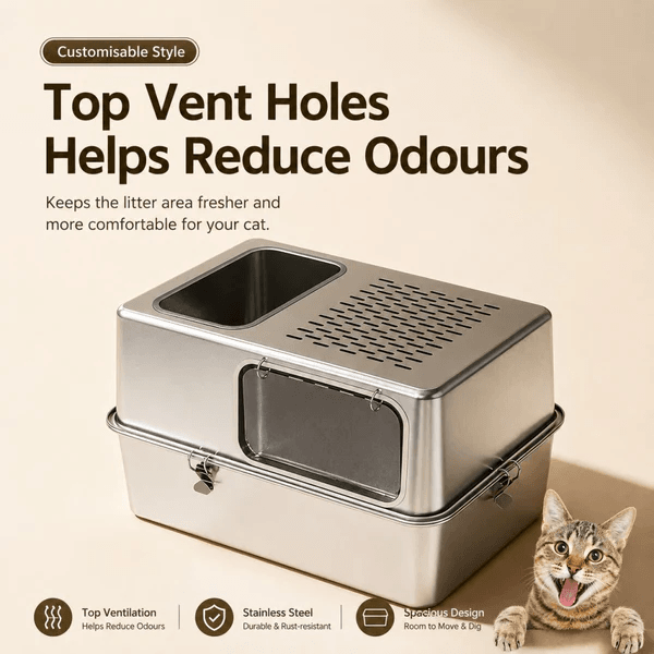 Rubeku Cat Litter Box Stainless Steel Hooded