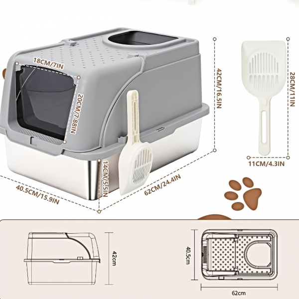 Rubeku Cat Litter Box Hooded Stainless Steel Grey