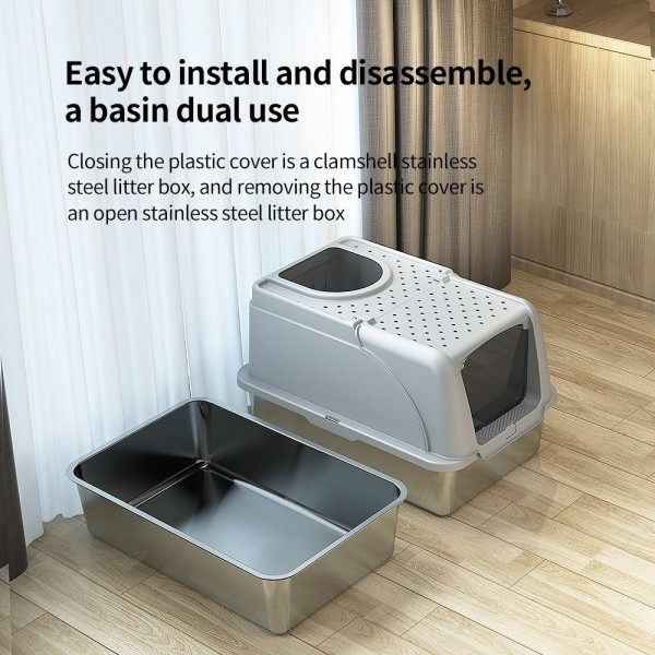 Rubeku Cat Litter Box Hooded Stainless Steel Grey