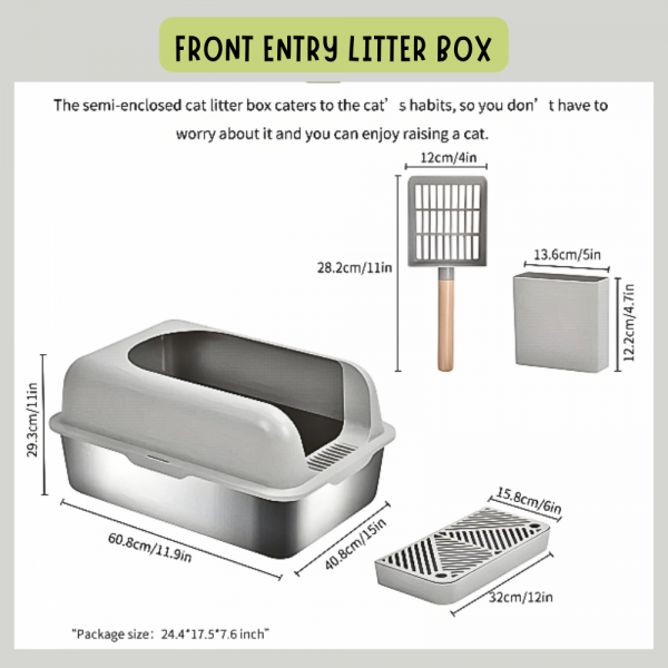 Rubeku Cat Litter Box w/Front Entry Stainless (Stairway+Scoop)