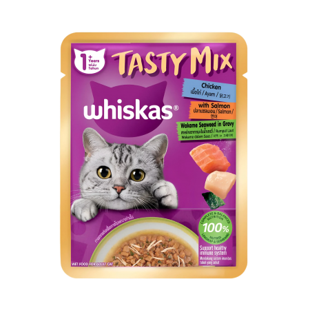 Whiskas Tasty Mix Chicken & Salmon with Wakame Seaweed in Gravy 70g (28 packs)