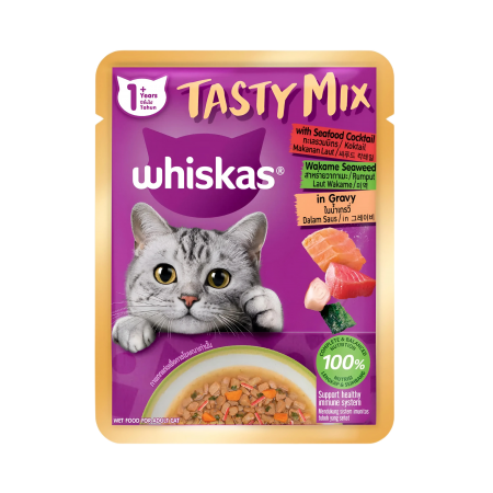 Whiskas Tasty Mix Seafood Cocktail with Wakame Seaweed in Gravy 70g (28 packs)