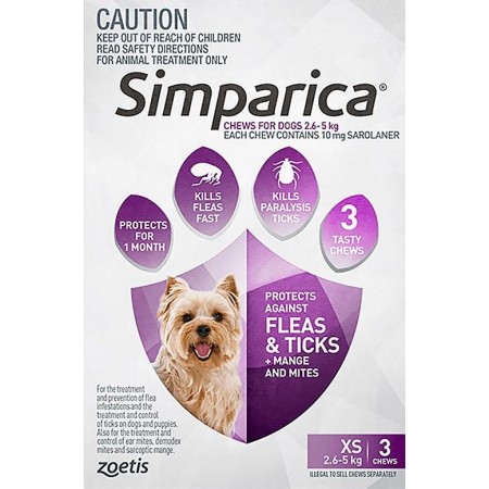 Zoetis Simparica Anti Fleas & Ticks Chews For Extra Small Dogs (2.6 - 5kg) 3ct